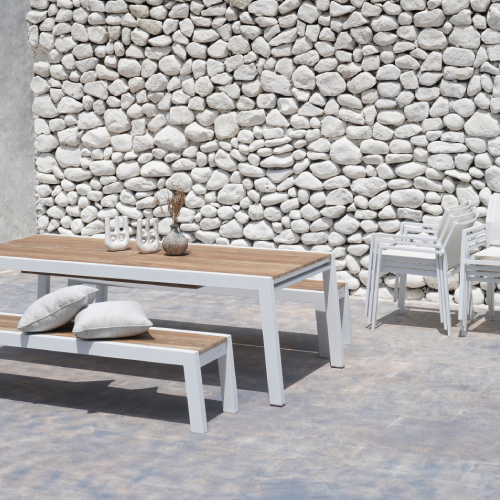 BAIA Extension Table, Bench & ALLUX Stackable Armchair